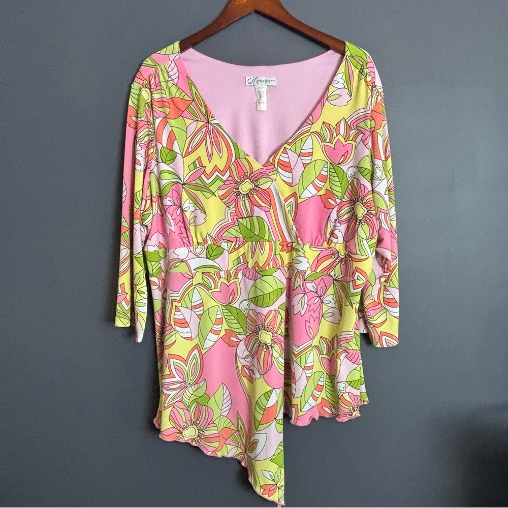 Dress Barn Woman Abstract Floral V Neck Asymmetrical Hem 3/4 Sleeve Blouse 3X